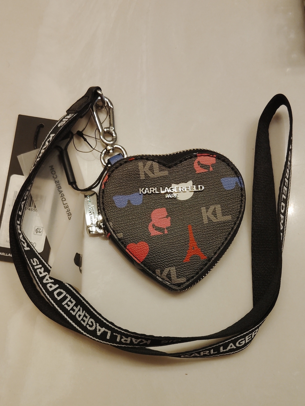 Karl Lagerfeld Black Heart Coin Pouch with Paris Icons and Lanyard!! RN #54163